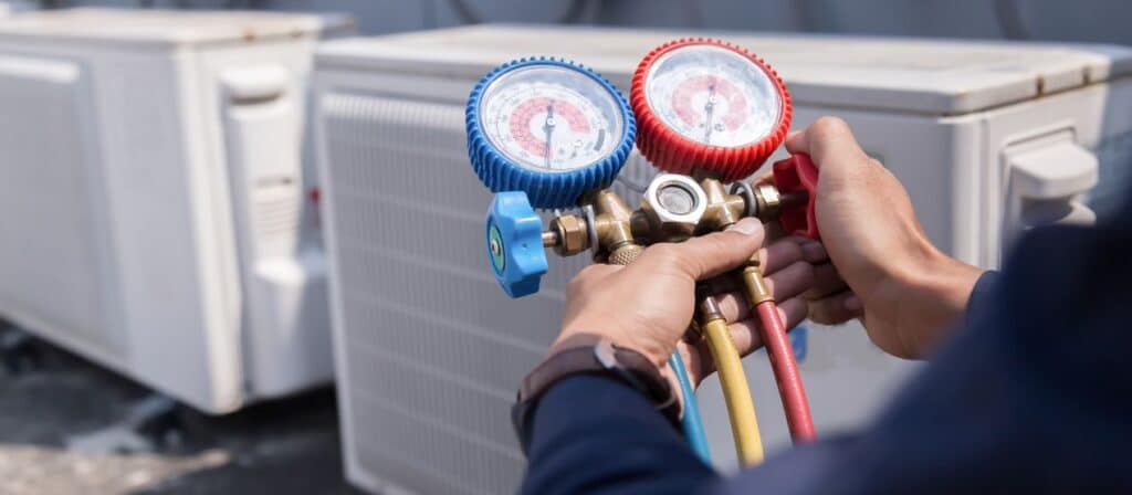 Close-up of a technician adjusting analog vacuum gauges for HVAC pressure monitoring and maintenance