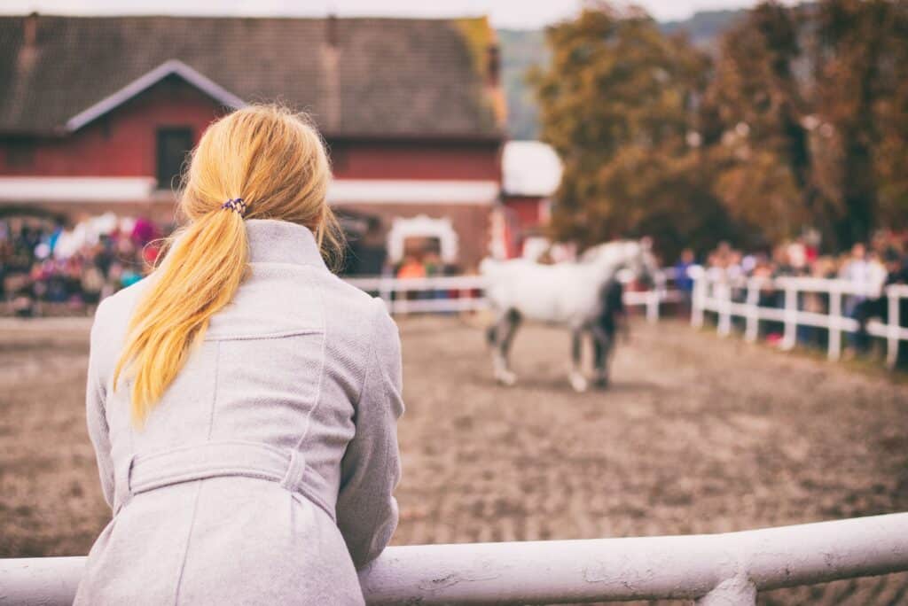 A woman looks at a horse auction and sells a horse