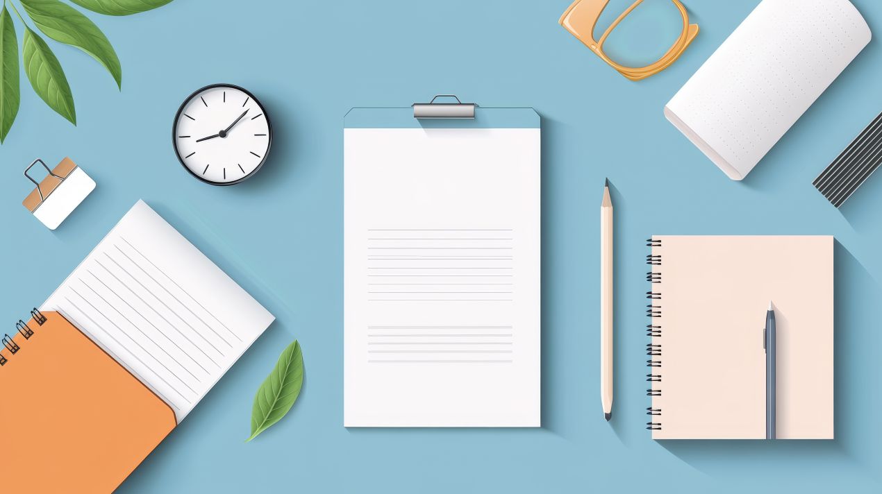 notizbloecke mit logo neben-stift-klemmbrett-uhr-und-papier-als-werbeartikel-komposition