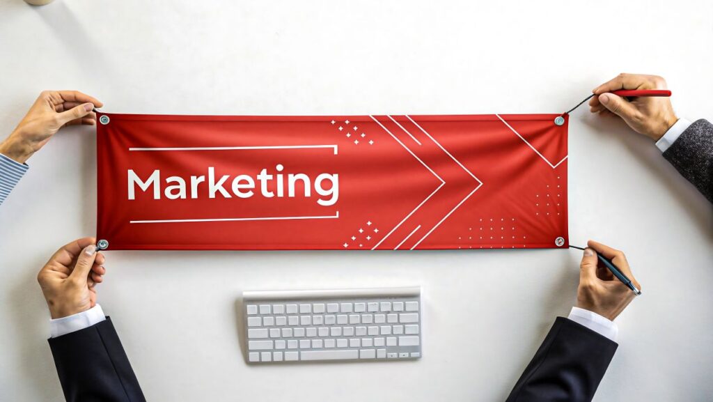 notizbloecke mit logo symbolisch-dargestellt-durch-marketing-banner-auf-schreibtisch-mit-tastatur