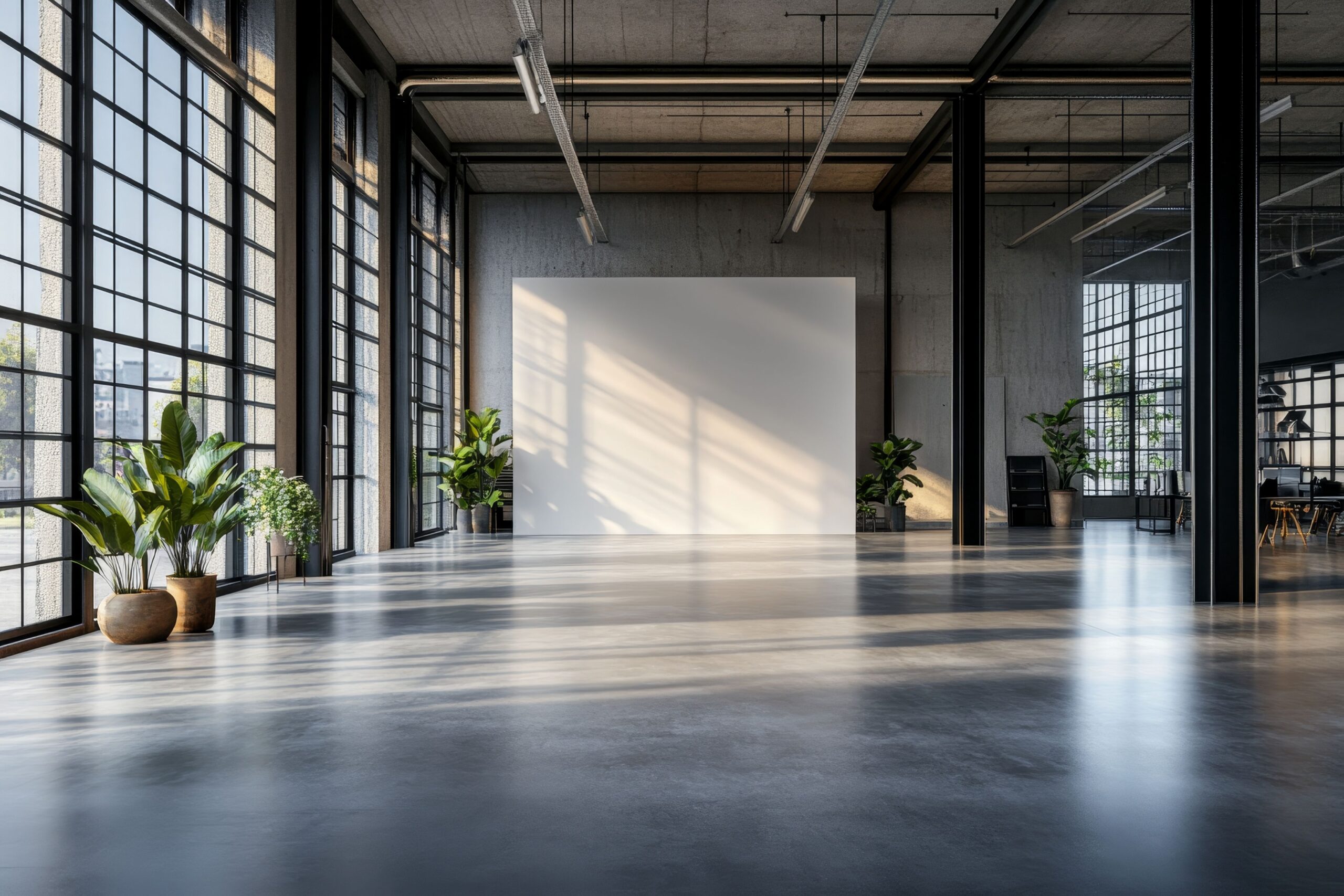 Lichtdurchfluteter Büroraum mit minimalistischer wand und Pflanzen als Gestaltungselemente