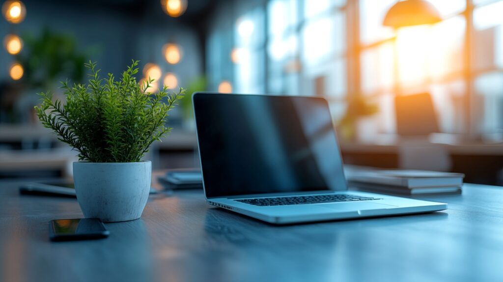Aufgeräumter Schreibtisch mit Laptop, Pflanze und natürlichem Licht im Hintergrund