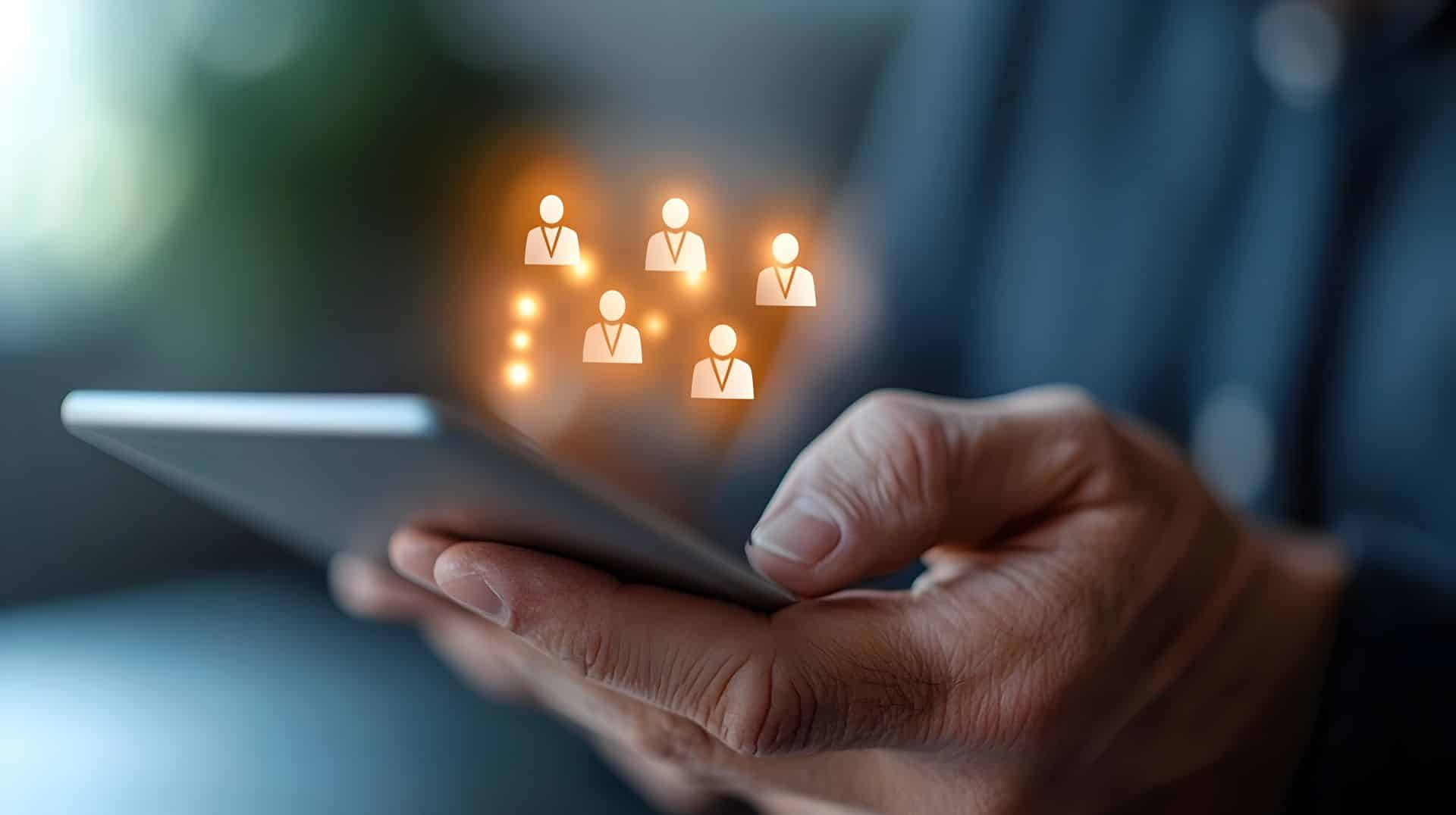 Person hält Smartphone, auf dem digitale Symbole für Mitarbeitende angezeigt werden