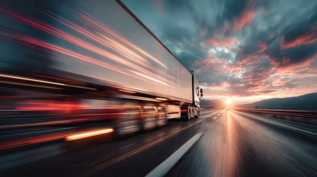 LKW auf Autobahn bei Sonnenuntergang mit Lichtspuren; symbolisiert Dynamik, Sichtbarkeit und die Rolle moderner LKW Beleuchtung im Straßenverkehr.