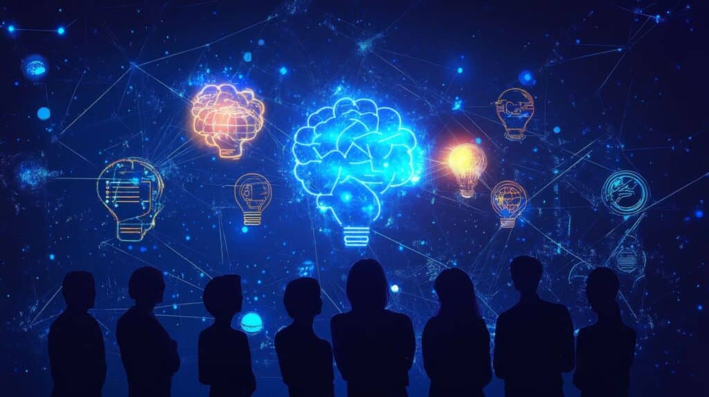 Abstrakte Darstellung von Technologie und Ideenentwicklung in der Industrie mit Symbolen fuer Innovation und Digitalisierung