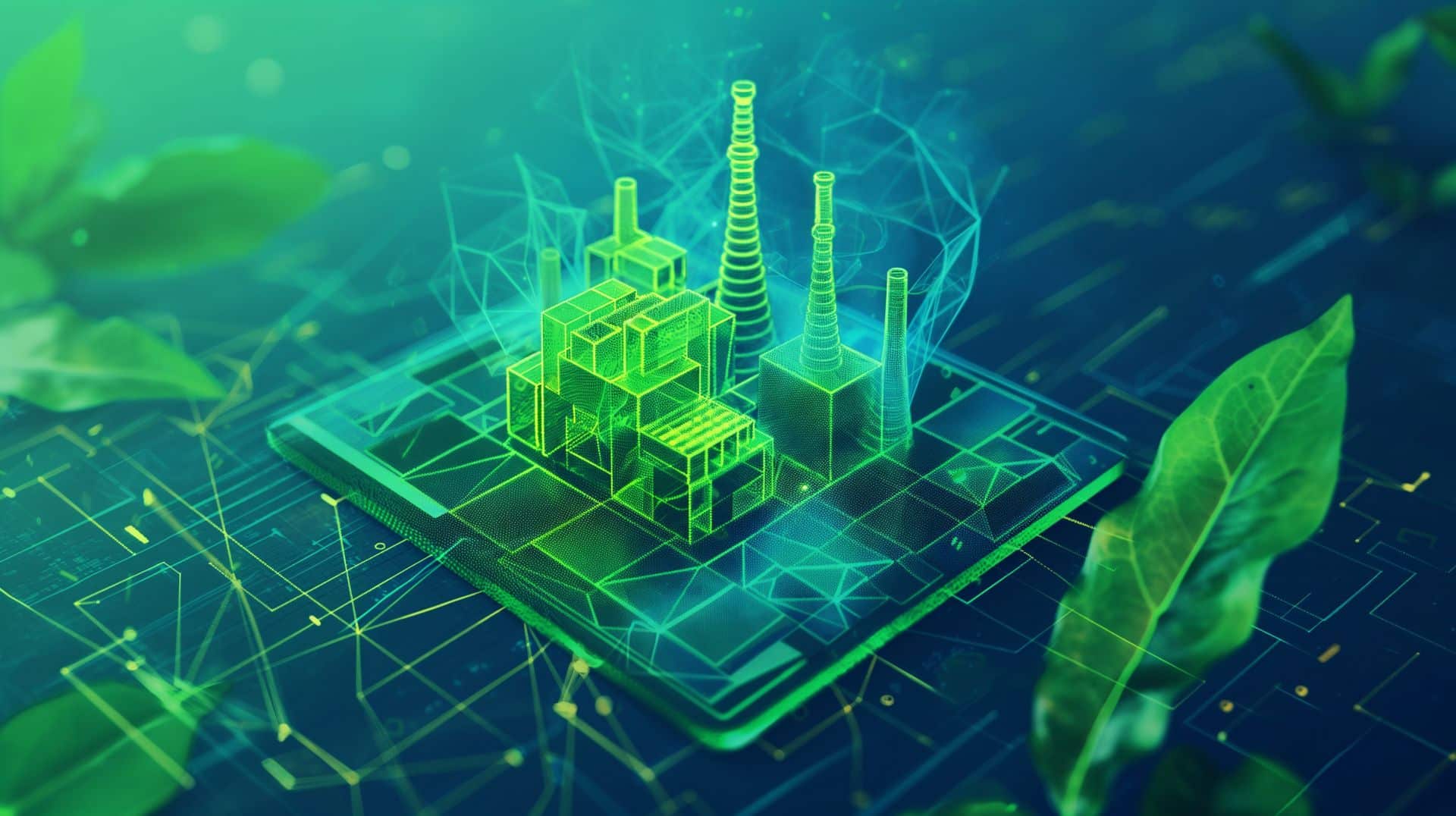 Digitale Darstellung einer umweltfreundlichen Fabrik auf einem Smart-Device mit gruener Technik und Effizienzsymbolik